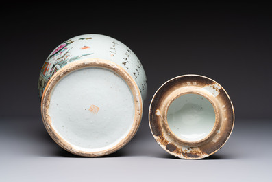 A Chinese qianjiang cai 'antiquities' covered vase and a basin with figural design, signed Yu Yicheng 俞意誠 and Xu Shanqin 徐善琴, 19th C., one dated 1893