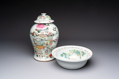 A Chinese qianjiang cai 'antiquities' covered vase and a basin with figural design, signed Yu Yicheng 俞意誠 and Xu Shanqin 徐善琴, 19th C., one dated 1893