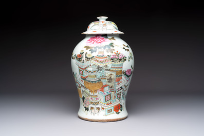 A Chinese qianjiang cai 'antiquities' covered vase and a basin with figural design, signed Yu Yicheng 俞意誠 and Xu Shanqin 徐善琴, 19th C., one dated 1893