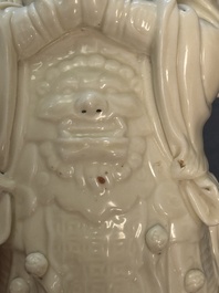 Three Chinese Dehua blanc de Chine figures of Guanyin and Weituo, He Chaozong 何朝宗 and Dehua 德化 marks, 20th C.