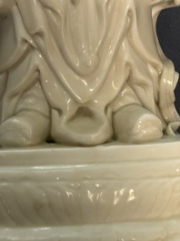 Three Chinese Dehua blanc de Chine figures of Guanyin and Weituo, He Chaozong 何朝宗 and Dehua 德化 marks, 20th C.