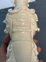 Three Chinese Dehua blanc de Chine figures of Guanyin and Weituo, He Chaozong 何朝宗 and Dehua 德化 marks, 20th C.