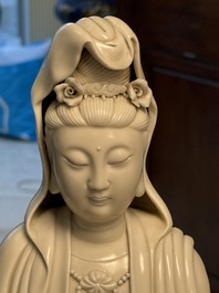 Three Chinese Dehua blanc de Chine figures of Guanyin and Weituo, He Chaozong 何朝宗 and Dehua 德化 marks, 20th C.