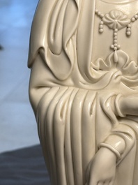 Three Chinese Dehua blanc de Chine figures of Guanyin and Weituo, He Chaozong 何朝宗 and Dehua 德化 marks, 20th C.