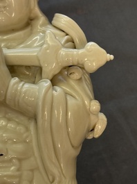 Three Chinese Dehua blanc de Chine figures of Guanyin and Weituo, He Chaozong 何朝宗 and Dehua 德化 marks, 20th C.