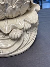 Three Chinese Dehua blanc de Chine figures of Guanyin and Weituo, He Chaozong 何朝宗 and Dehua 德化 marks, 20th C.