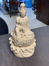 Three Chinese Dehua blanc de Chine figures of Guanyin and Weituo, He Chaozong 何朝宗 and Dehua 德化 marks, 20th C.