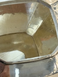 A Chinese silver covered teapot, sugar jar and milk jug with bamboo design, Tackhing 90% silver mark, 20th C.