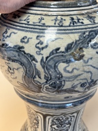 A large Annamese or Vietnamese blue and white inscribed two-piece altar vase, 16th C.
