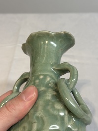 A Chinese Longquan celadon 'shou' vase with handles, Ming