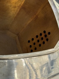 A Chinese silver covered teapot, sugar jar and milk jug with bamboo design, Tackhing 90% silver mark, 20th C.