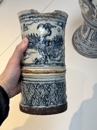 A large Annamese or Vietnamese blue and white inscribed two-piece altar vase, 16th C.