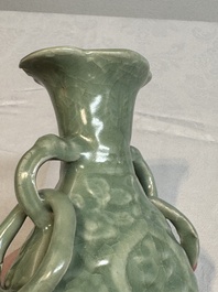 A Chinese Longquan celadon 'shou' vase with handles, Ming