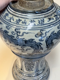 A large Annamese or Vietnamese blue and white inscribed two-piece altar vase, 16th C.