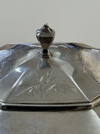 A Chinese silver covered teapot, sugar jar and milk jug with bamboo design, Tackhing 90% silver mark, 20th C.
