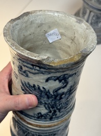 A large Annamese or Vietnamese blue and white inscribed two-piece altar vase, 16th C.