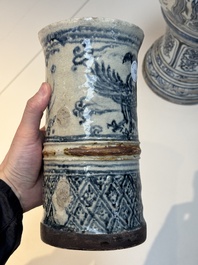 A large Annamese or Vietnamese blue and white inscribed two-piece altar vase, 16th C.