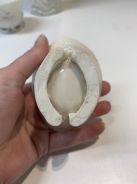 Two Chinese Dehua blanc de Chine wine cups and a figure of Liuhai, 18/19th C.