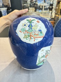 A pair of famille verte-style powder-blue-ground covered vases on stands, Samson, Paris, 19th C.