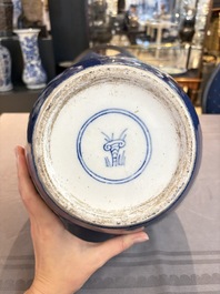 A pair of famille verte-style powder-blue-ground covered vases on stands, Samson, Paris, 19th C.