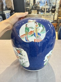 A pair of famille verte-style powder-blue-ground covered vases on stands, Samson, Paris, 19th C.