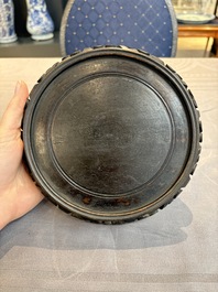 A pair of famille verte-style powder-blue-ground covered vases on stands, Samson, Paris, 19th C.