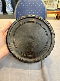 A pair of famille verte-style powder-blue-ground covered vases on stands, Samson, Paris, 19th C.