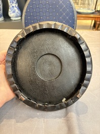 A pair of famille verte-style powder-blue-ground covered vases on stands, Samson, Paris, 19th C.