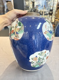 A pair of famille verte-style powder-blue-ground covered vases on stands, Samson, Paris, 19th C.