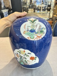 A pair of famille verte-style powder-blue-ground covered vases on stands, Samson, Paris, 19th C.