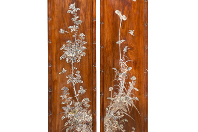 A set of four Chinese or Vietnamese mother-of-pearl-inlaid hongmu panels depicting birds among flowering branches, 19th C.