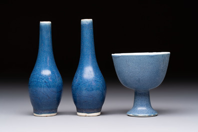 A pair of Chinese blue-glazed 'Hatcher Cargo' vases with incised dragons and a stem cup, Transitional period
