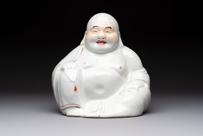 A Chinese verte biscuit vase, a sculpture of a fisherman and a Milefo Buddha, You Lin Ji 游林記造 and Zhu Mao Ji 朱茂記造 mark, 20th C.