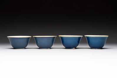 Four Chinese blue-glazed cups, Fu 福 marks, Transitional period