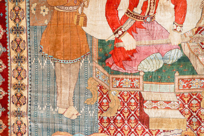 An exceptional and large embroidered silk 'Shahnameh' carpet, signed Musa Baft Tabriz, Tabriz, Iran, 20th C.