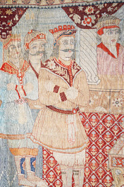 An exceptional and large embroidered silk 'Shahnameh' carpet, signed Musa Baft Tabriz, Tabriz, Iran, 20th C.