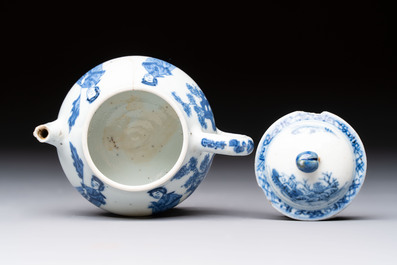 A pair of Chinese famille verte covered jars, a Tieguai Li figure, a blue and white teapot and a biscuit saucer, Kangxi and Qing Yu Tang mark, 19th C.