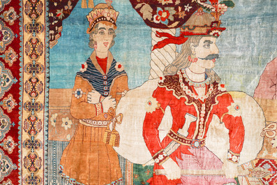 An exceptional and large embroidered silk 'Shahnameh' carpet, signed Musa Baft Tabriz, Tabriz, Iran, 20th C.