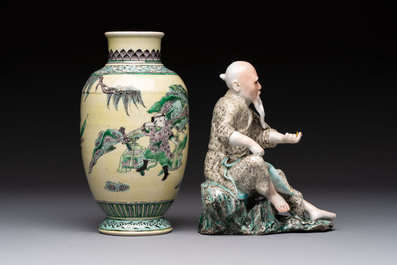 A Chinese verte biscuit vase, a sculpture of a fisherman and a Milefo Buddha, You Lin Ji 游林記造 and Zhu Mao Ji 朱茂記造 mark, 20th C.