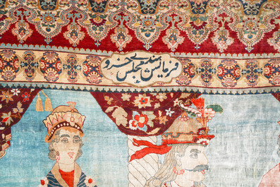 An exceptional and large embroidered silk 'Shahnameh' carpet, signed Musa Baft Tabriz, Tabriz, Iran, 20th C.