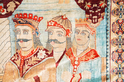 An exceptional and large embroidered silk 'Shahnameh' carpet, signed Musa Baft Tabriz, Tabriz, Iran, 20th C.