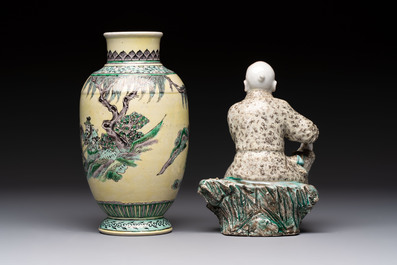 A Chinese verte biscuit vase, a sculpture of a fisherman and a Milefo Buddha, You Lin Ji 游林記造 and Zhu Mao Ji 朱茂記造 mark, 20th C.