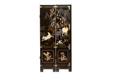 A Chinese precious-stone-inset gilt-lacquered four-panel 'Ba Jun Tu 八骏图' folding screen, 20th C.
