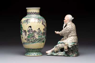 A Chinese verte biscuit vase, a sculpture of a fisherman and a Milefo Buddha, You Lin Ji 游林記造 and Zhu Mao Ji 朱茂記造 mark, 20th C.