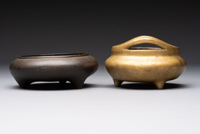 Two Chinese bronze tripod censers, Xuande and double-vajra mark, 19th C.