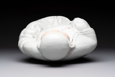 A Chinese verte biscuit vase, a sculpture of a fisherman and a Milefo Buddha, You Lin Ji 游林記造 and Zhu Mao Ji 朱茂記造 mark, 20th C.