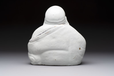 A Chinese verte biscuit vase, a sculpture of a fisherman and a Milefo Buddha, You Lin Ji 游林記造 and Zhu Mao Ji 朱茂記造 mark, 20th C.