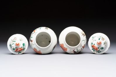 A pair of Chinese famille verte covered jars, a Tieguai Li figure, a blue and white teapot and a biscuit saucer, Kangxi and Qing Yu Tang mark, 19th C.