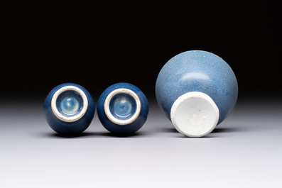 A pair of Chinese blue-glazed 'Hatcher Cargo' vases with incised dragons and a stem cup, Transitional period