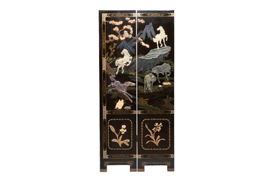 A Chinese precious-stone-inset gilt-lacquered four-panel 'Ba Jun Tu 八骏图' folding screen, 20th C.